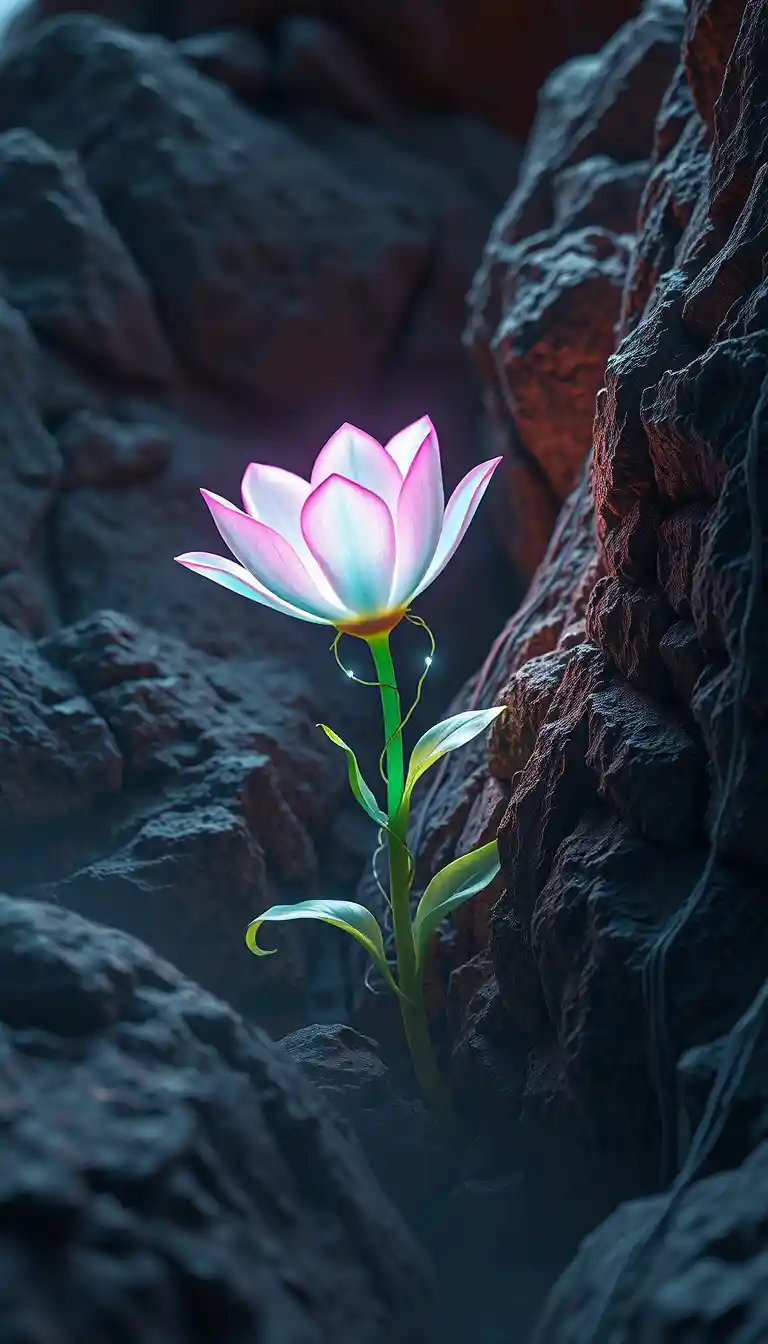 Mystical glowing flower rising from ancient stone