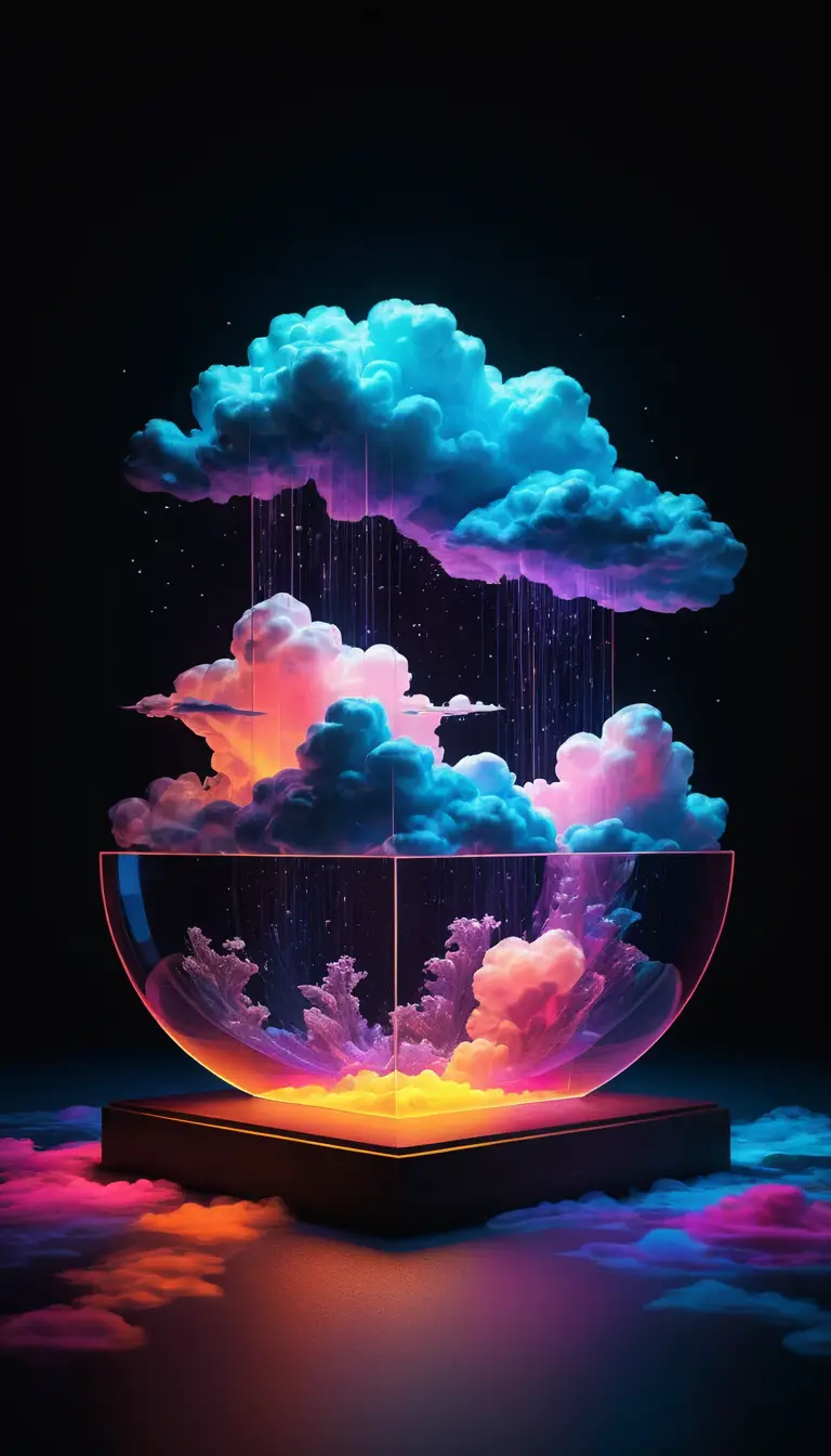 Surreal neon cloud rising from a glowing vessel at night