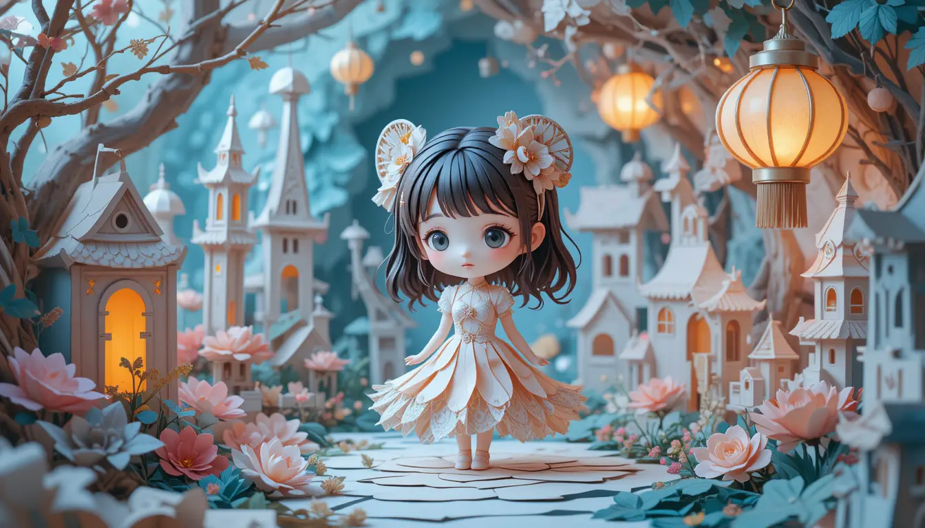 Charming paper chibi girl in a whimsical lantern lit world
