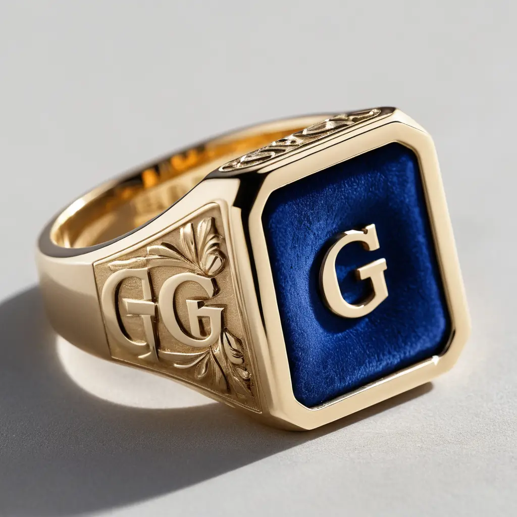 Gold mens signet ring in blue velvet jewelry case