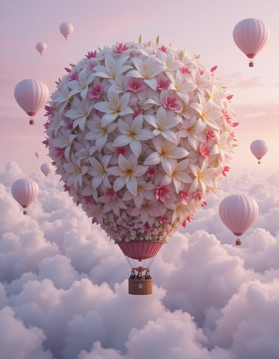 Hot air balloon of lilies floating in pink sky