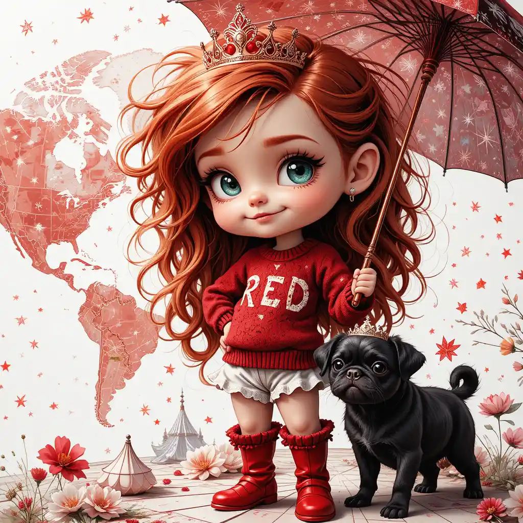 Playful caricature girl with crown and flag umbrella