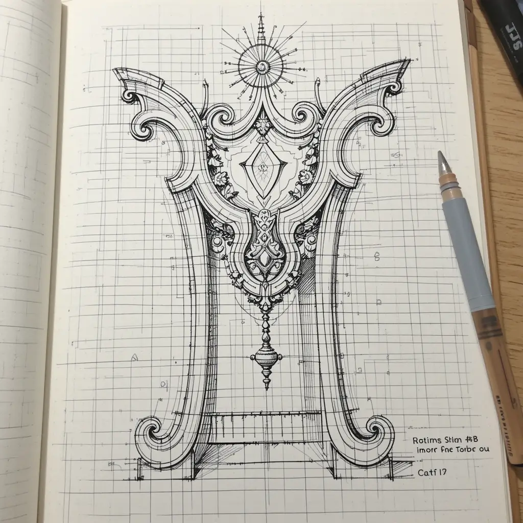 Ink sketch of stylized architectural stand design