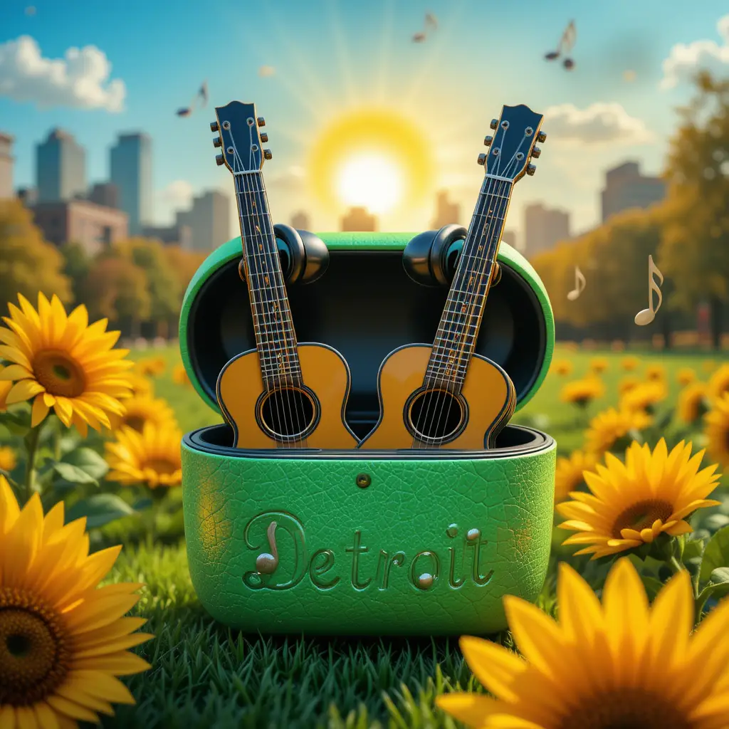 Guitar inspired earbuds in neon green case in city park
