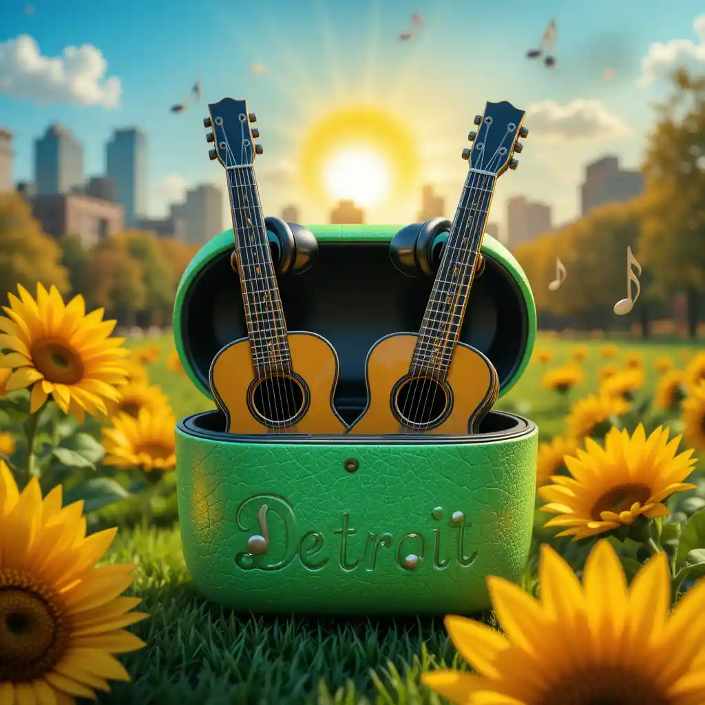 Guitar inspired earbuds in neon green case in city park