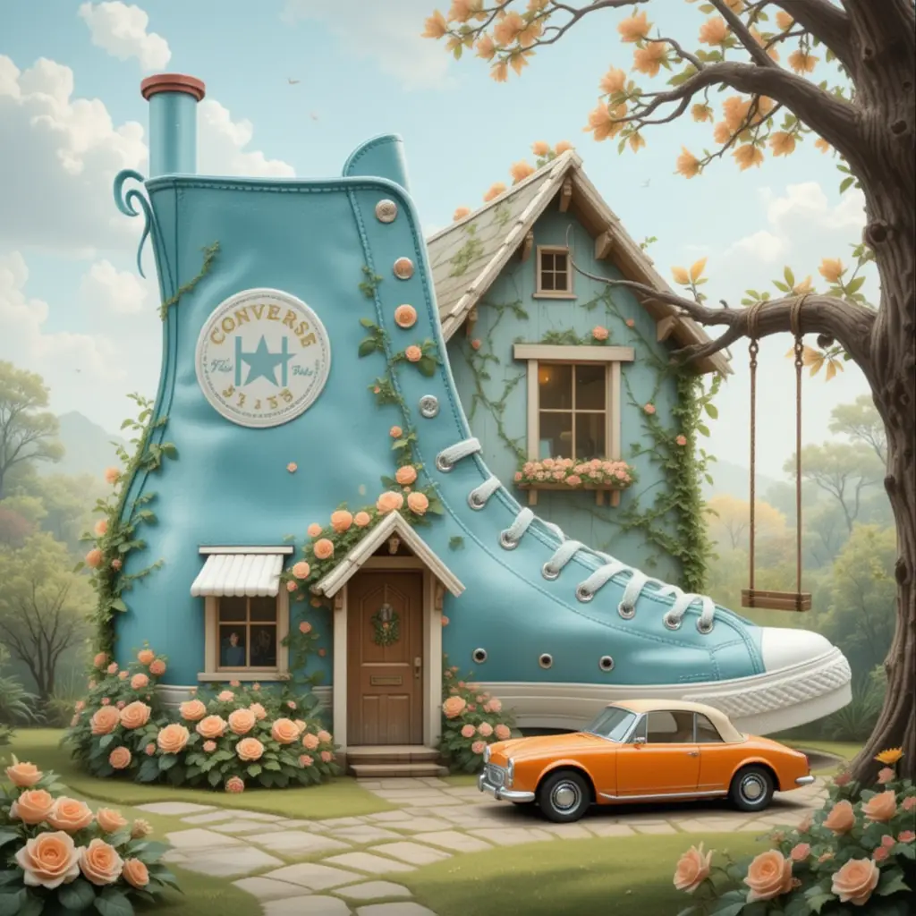 Whimsical sneaker house with roses in impressionist style