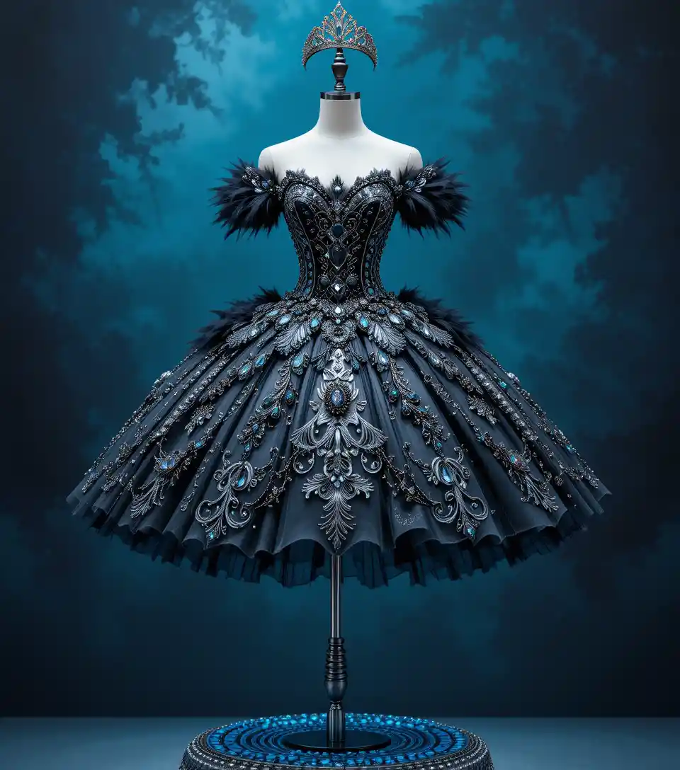 Dark silver ballet dress on jeweled mannequin pedestal