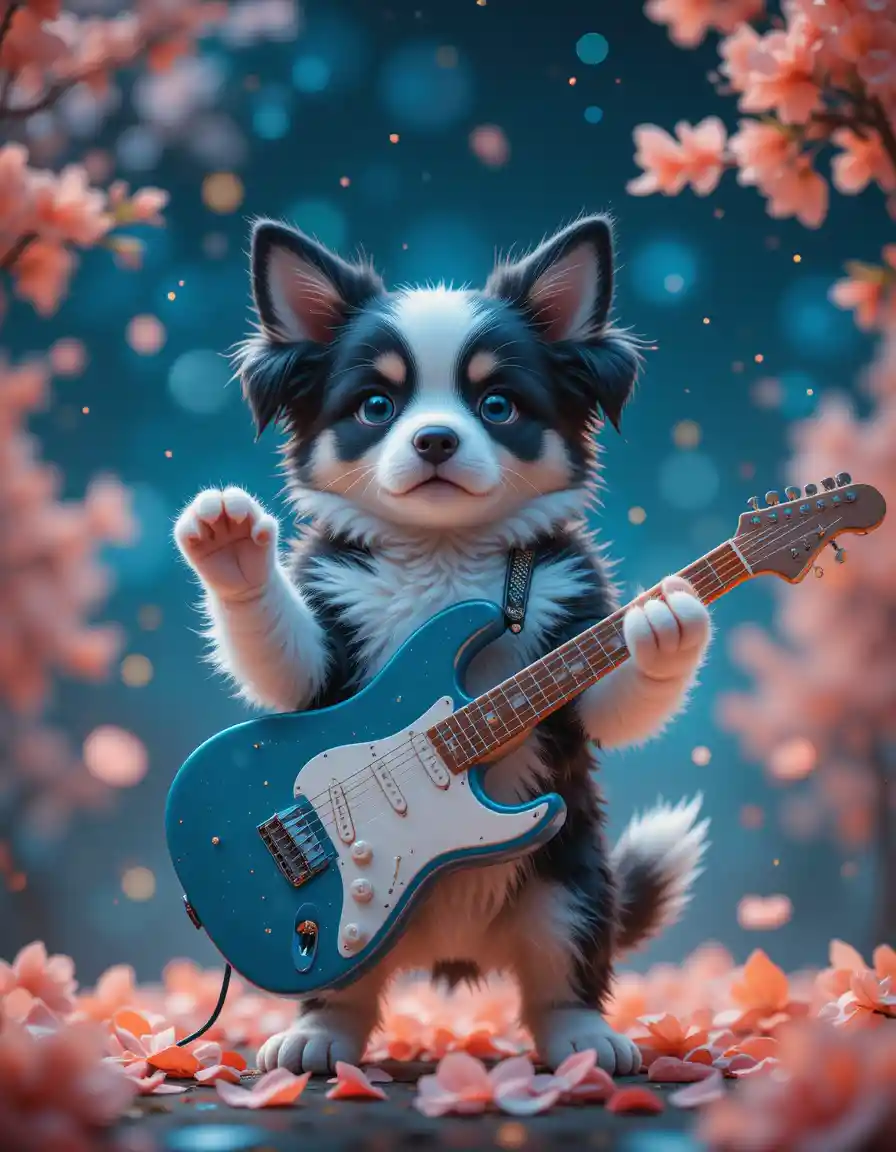 Cute guitar playing puppy under a magical night sky