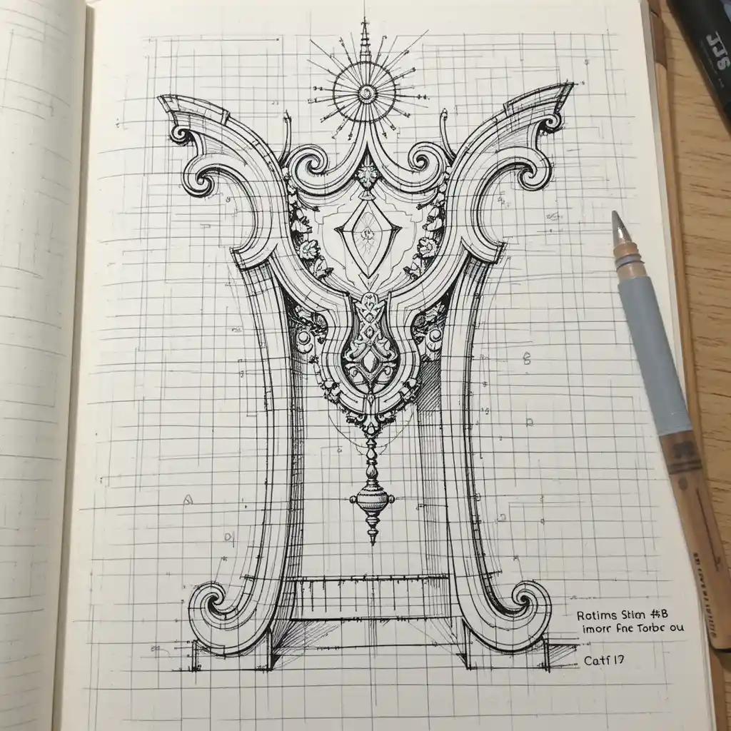 Ink sketch of stylized architectural stand design
