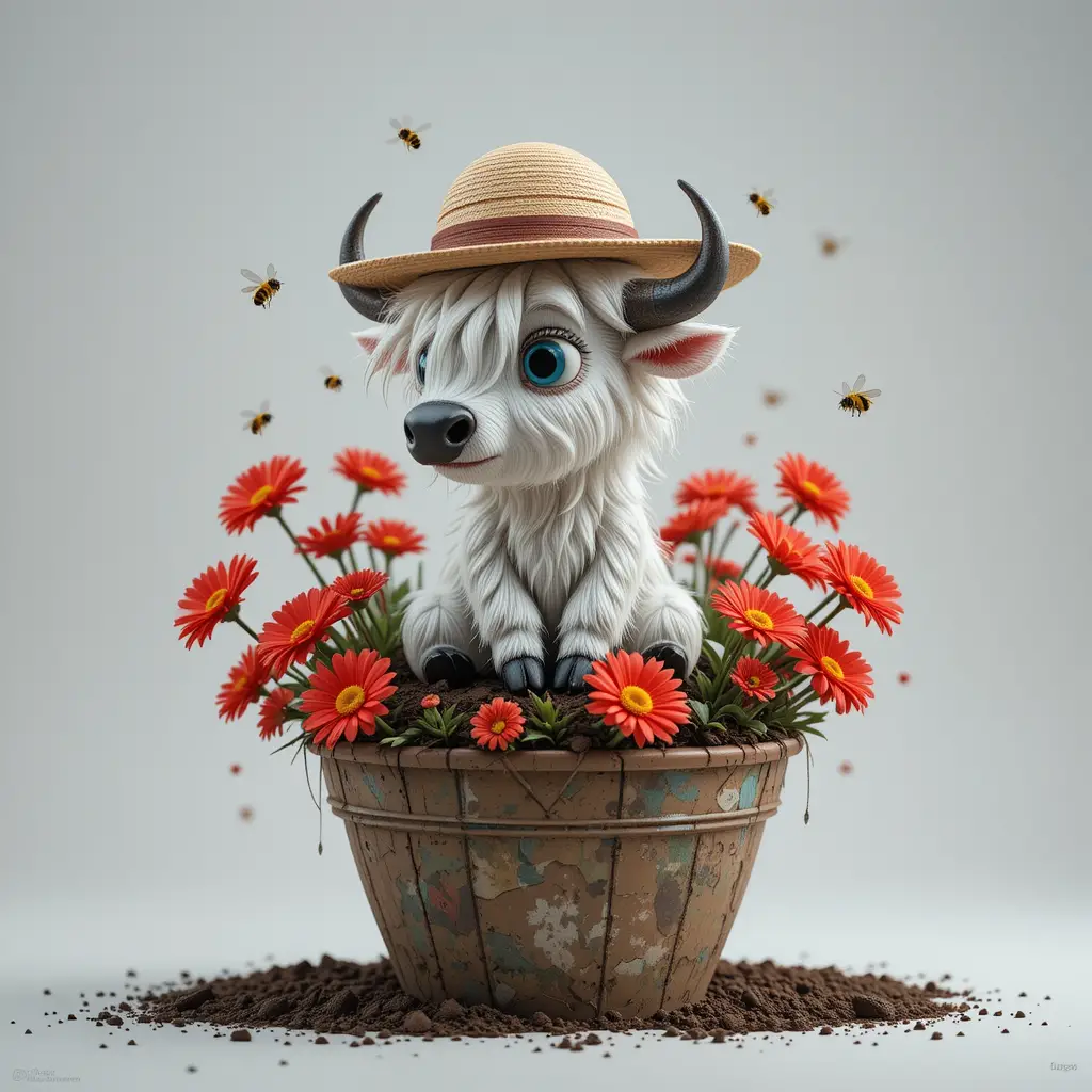 Side view of a fantasy white buffalo in a flower pot