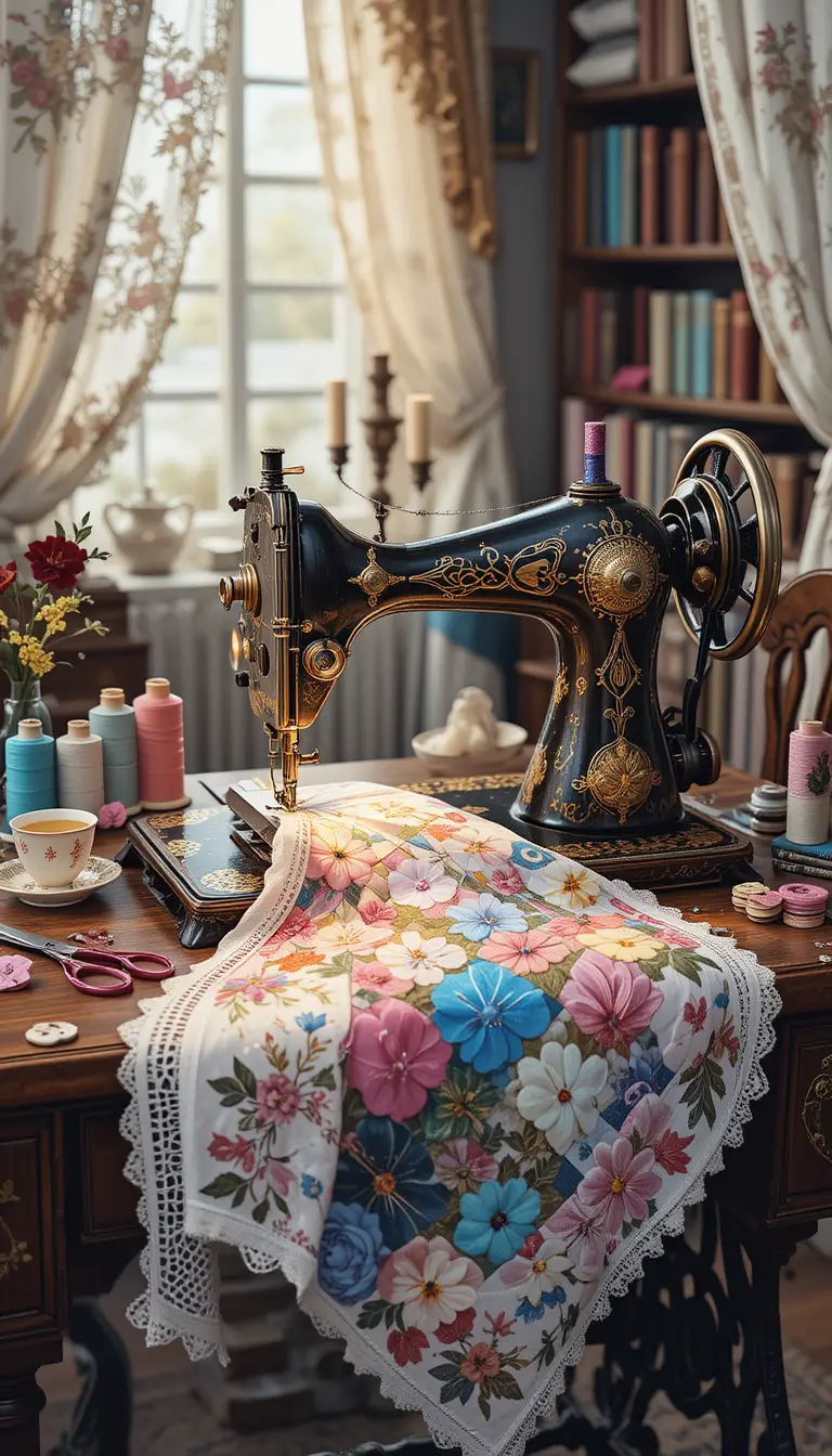Vintage sewing machine with neon cyberpunk watercolor charm