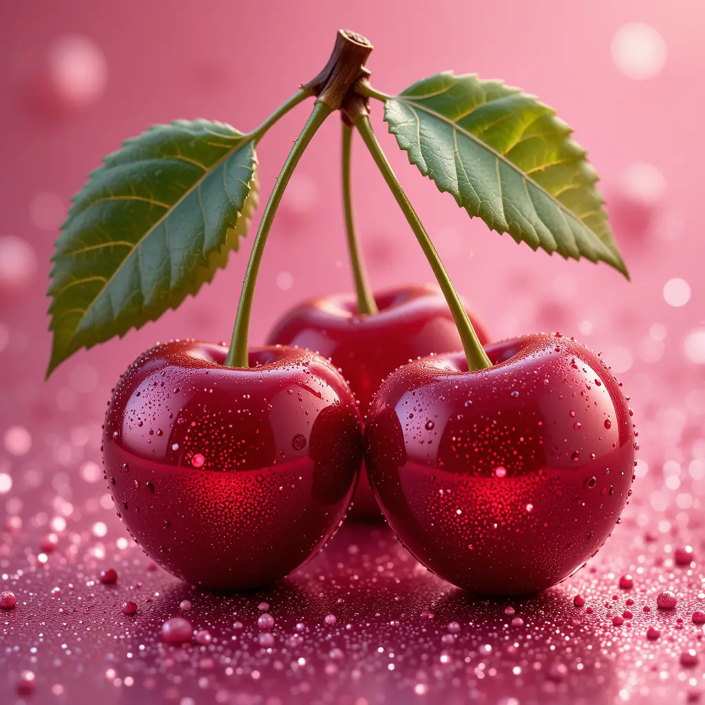 Ruby red cherries with sparkling droplets on pink glitter