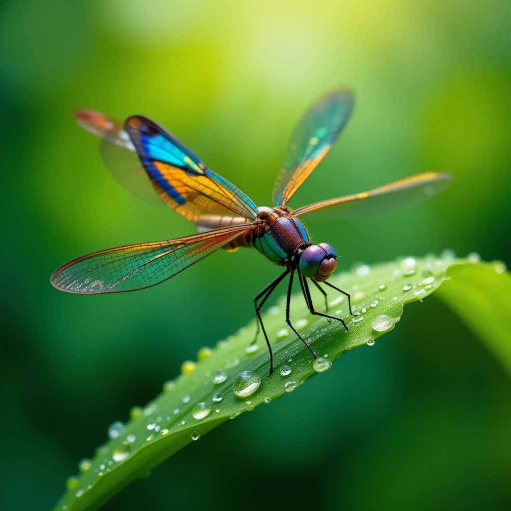 Macro dragonfly on green leaf with water droplets