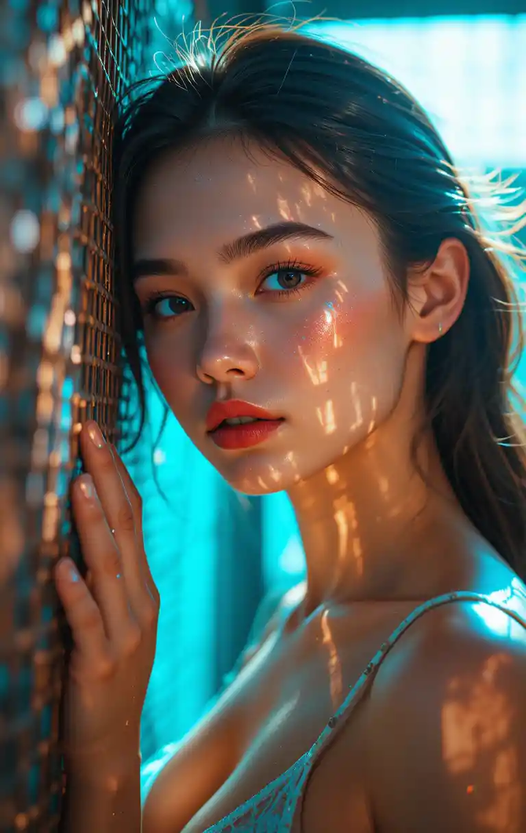 Girl in backlit mesh pressing against perforated metal
