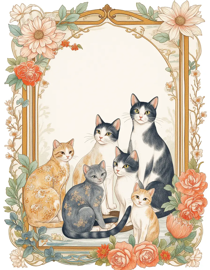 Watercolor cat illustration with Japanese patterns and frame