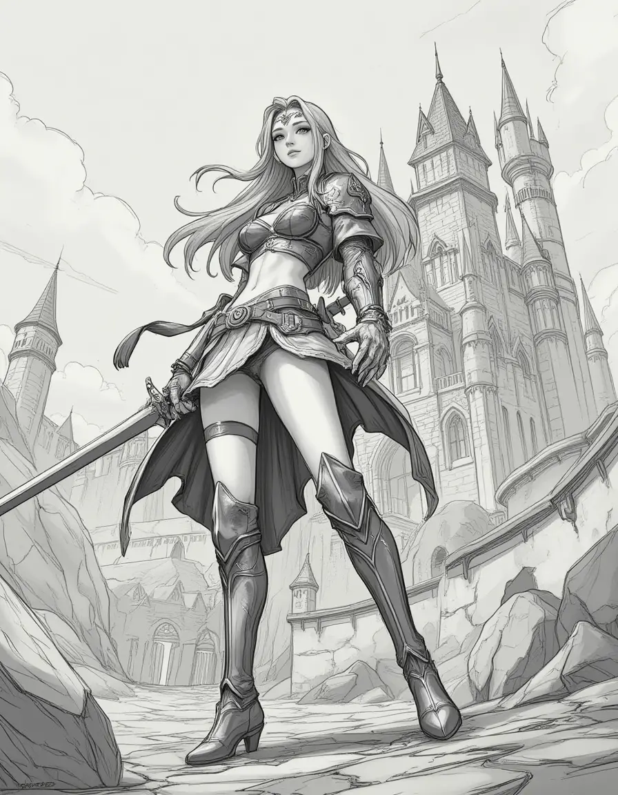 Dynamic fantasy girl sketch with towering castle backdrop