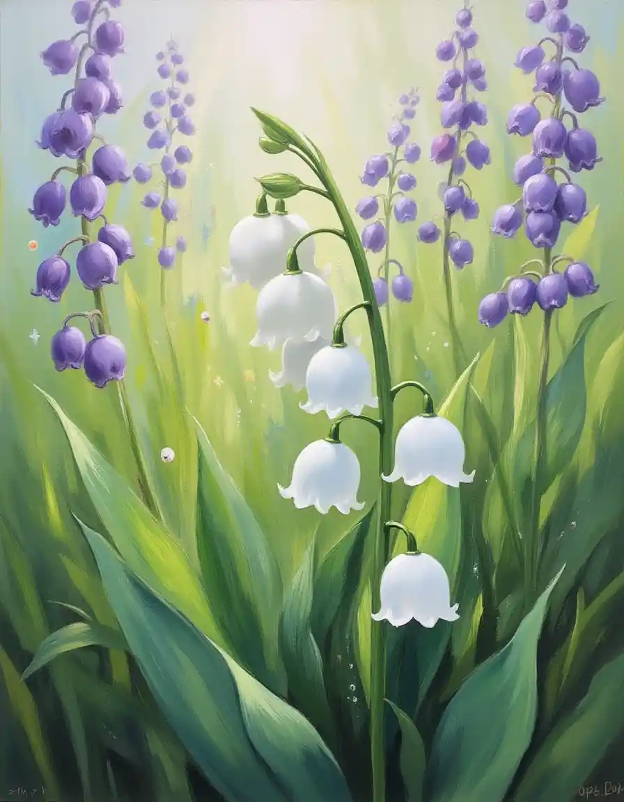 Abstract lily of the valley painting with soft garden background