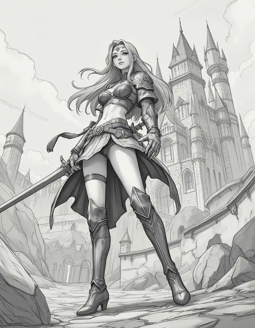 Dynamic fantasy girl sketch with towering castle backdrop