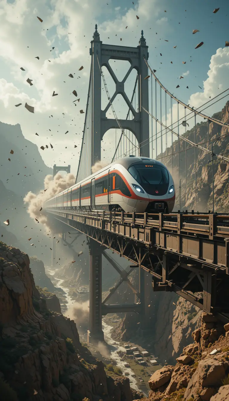 Futuristic train racing across bridge during massive earthquake