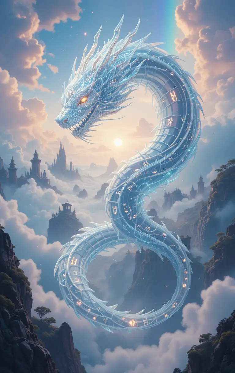 Crystal rune serpent in a floating pastel dreamscape