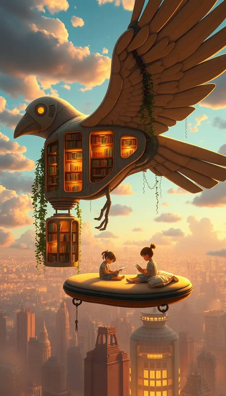 Floating sky library on a mechanical bird above the city