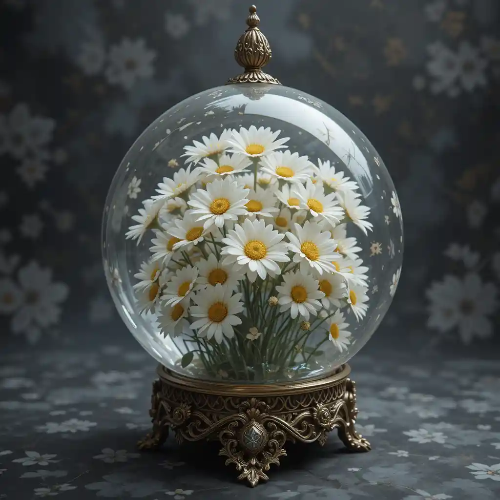 Ornate Glass Sphere With Ethereal White Daisy Bouquet