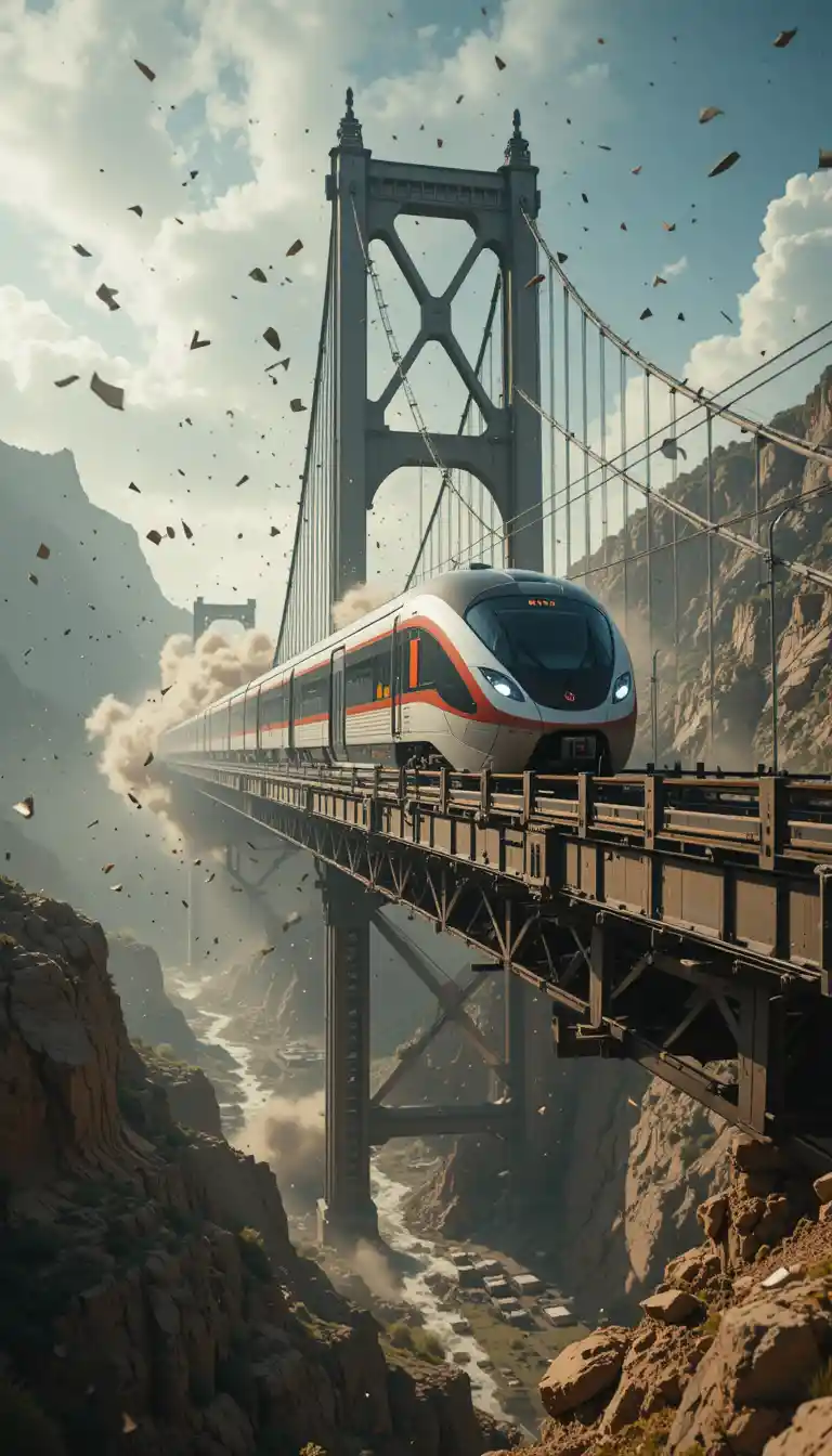 Futuristic train racing across bridge during massive earthquake