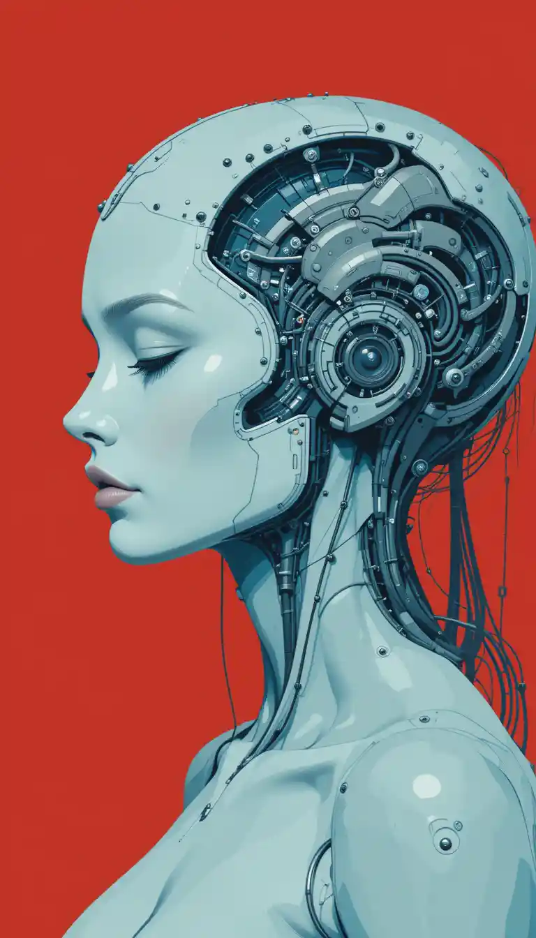 Cybernetic woman in serene profile with mechanical head