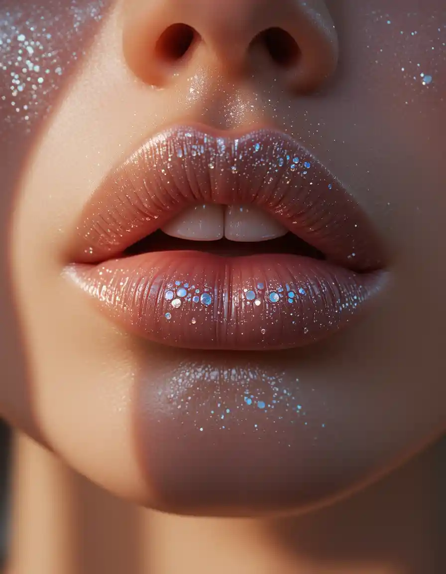Close up of glossy lips with soft shimmering highlights