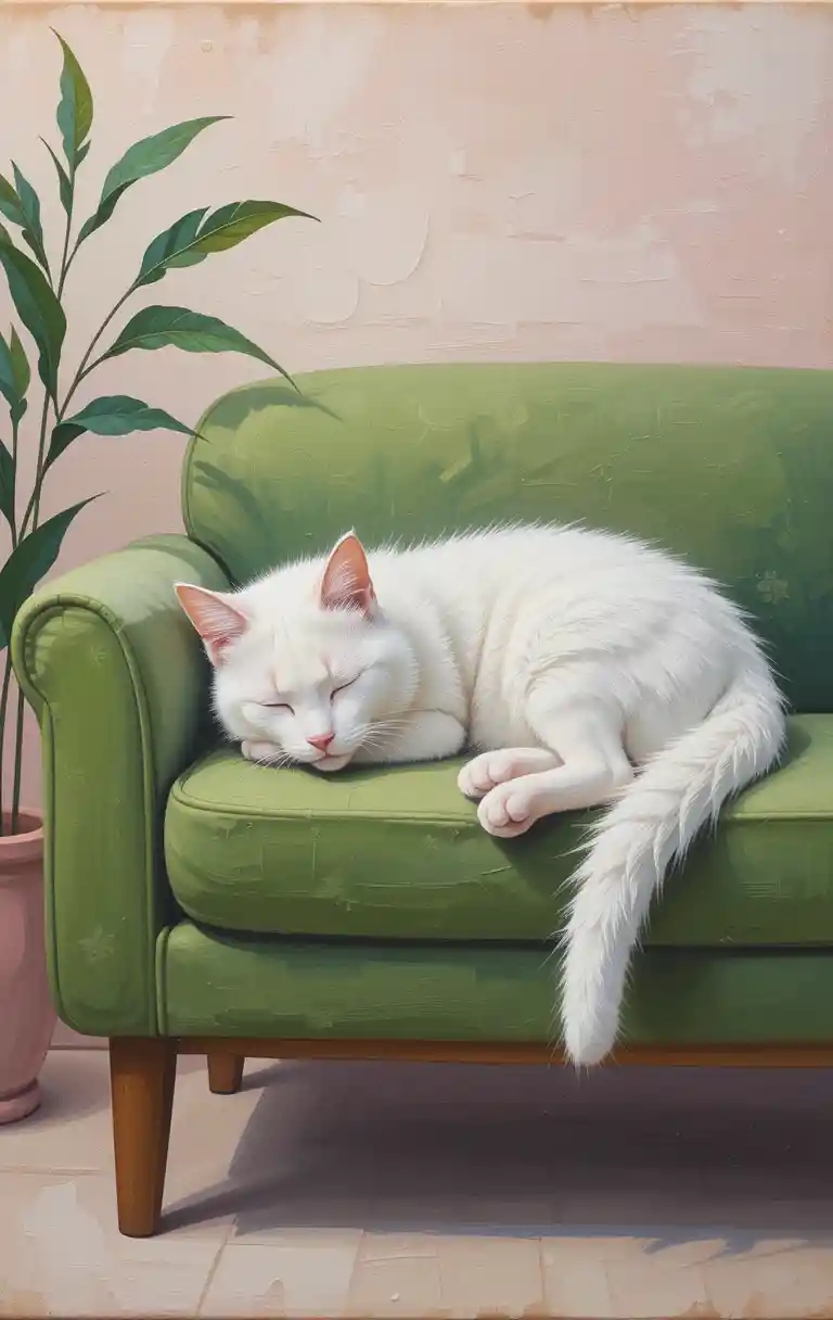 White cat sleeping on a green sofa oil painting