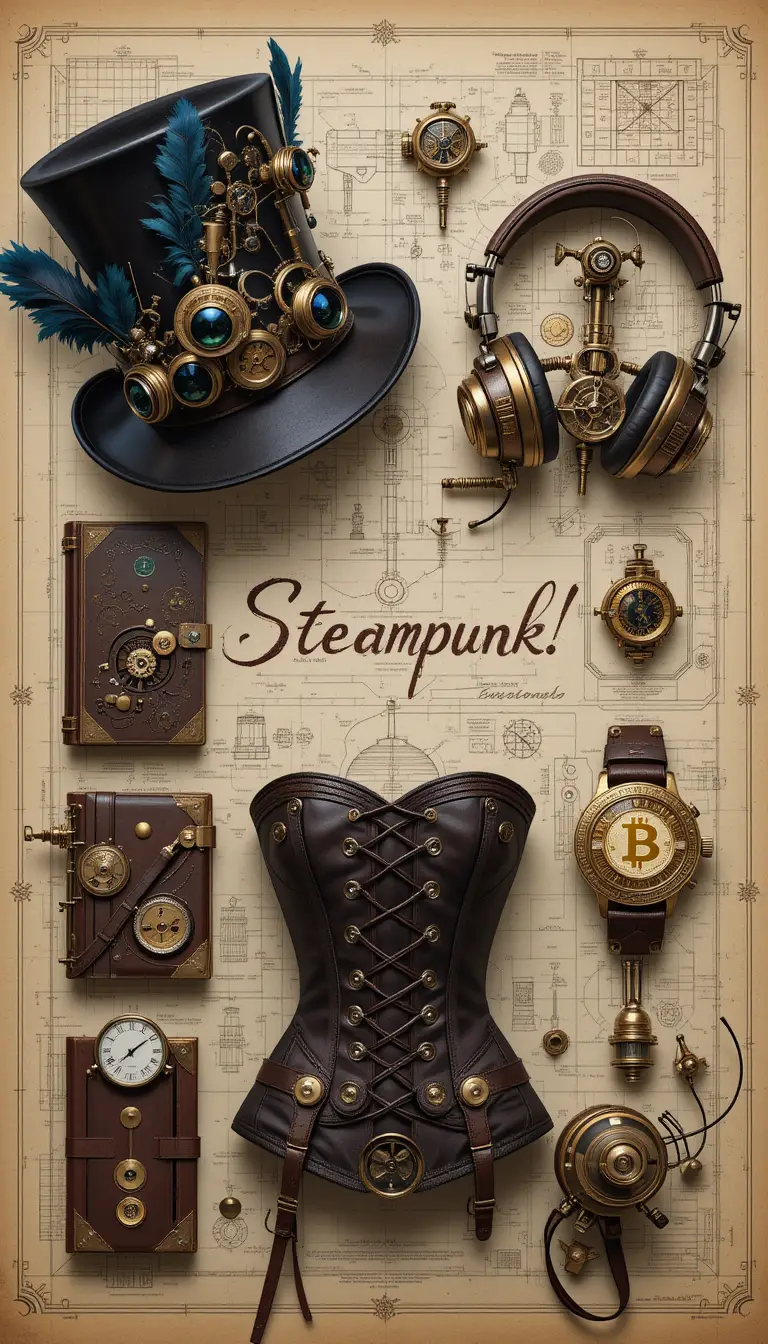 Steampunk accessories arranged on vintage technical paper sheet