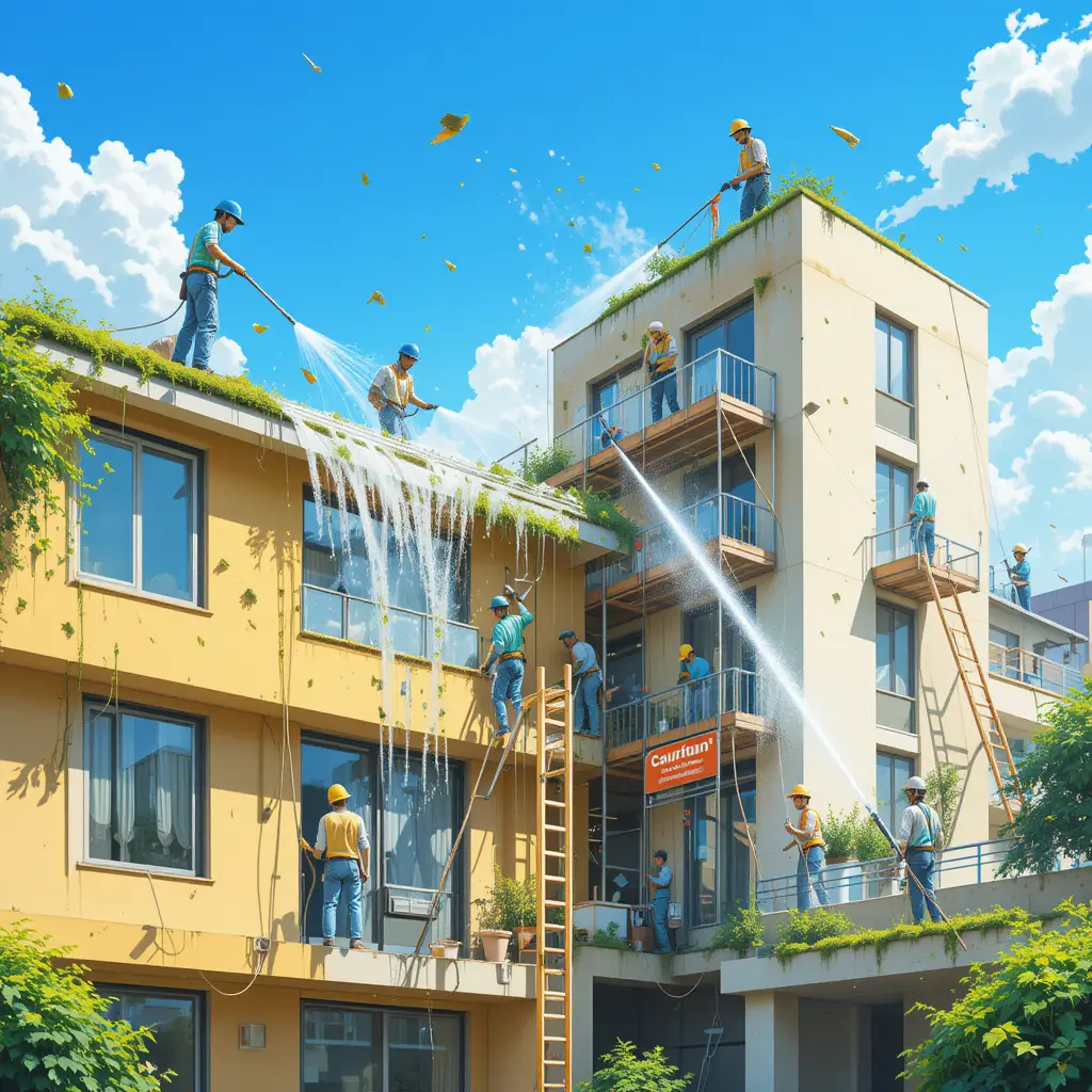 Equipo limpiando el exterior de un moderno edificio de apartamentos