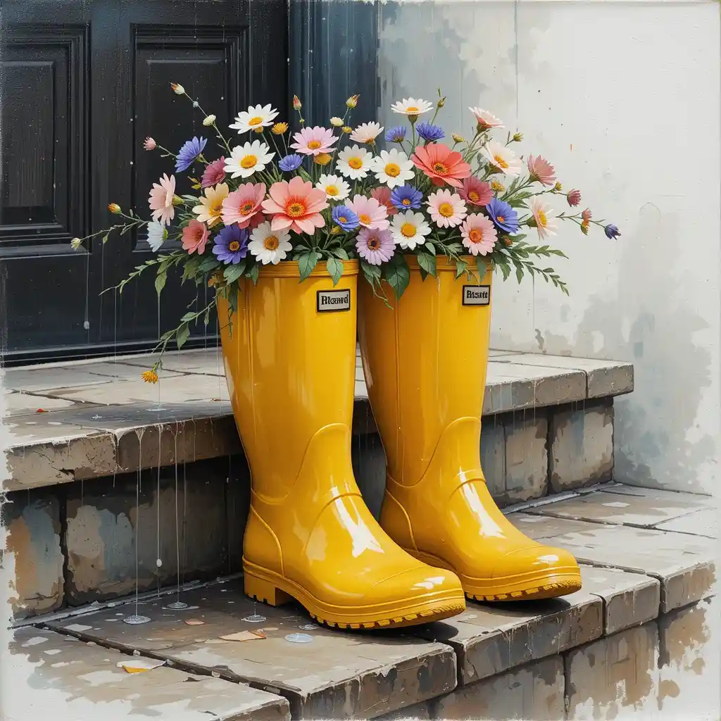 Yellow rain boots filled with flowers on a porch