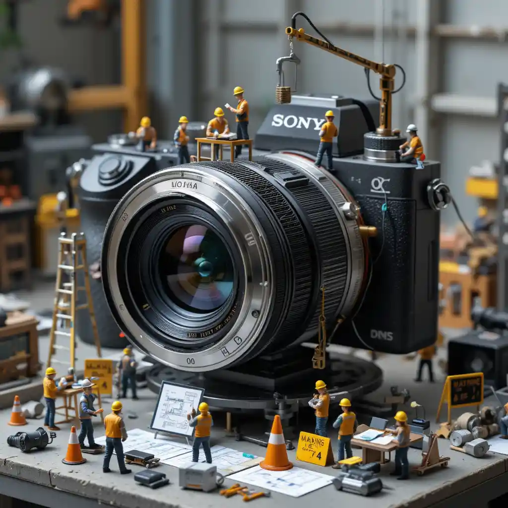 Lavoratori in miniatura che manutengono un diorama con un obiettivo fotografico gigante