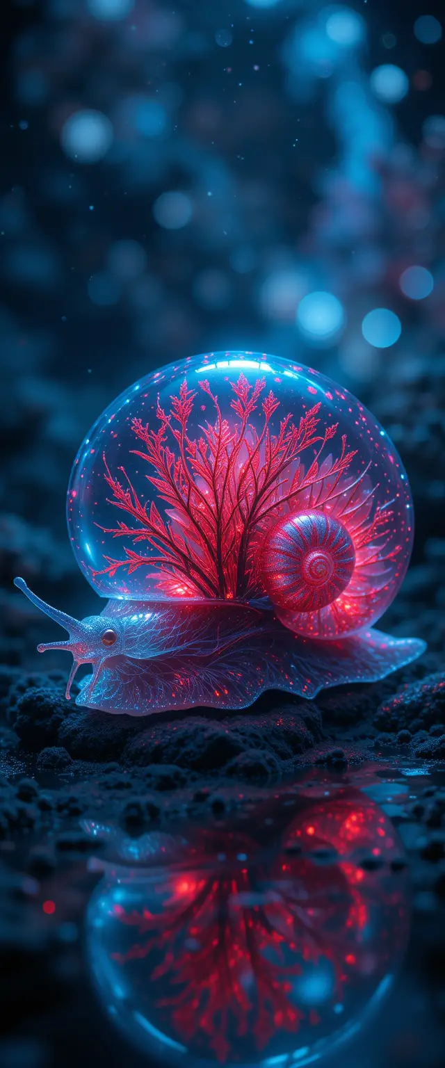 Glass snail with glowing fractal plants under galactic sky