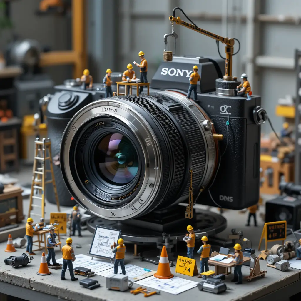Miniature workers maintaining a giant camera lens diorama