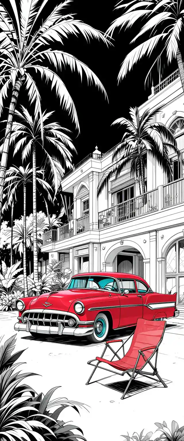 Retro red lowrider car under tropical palm trees