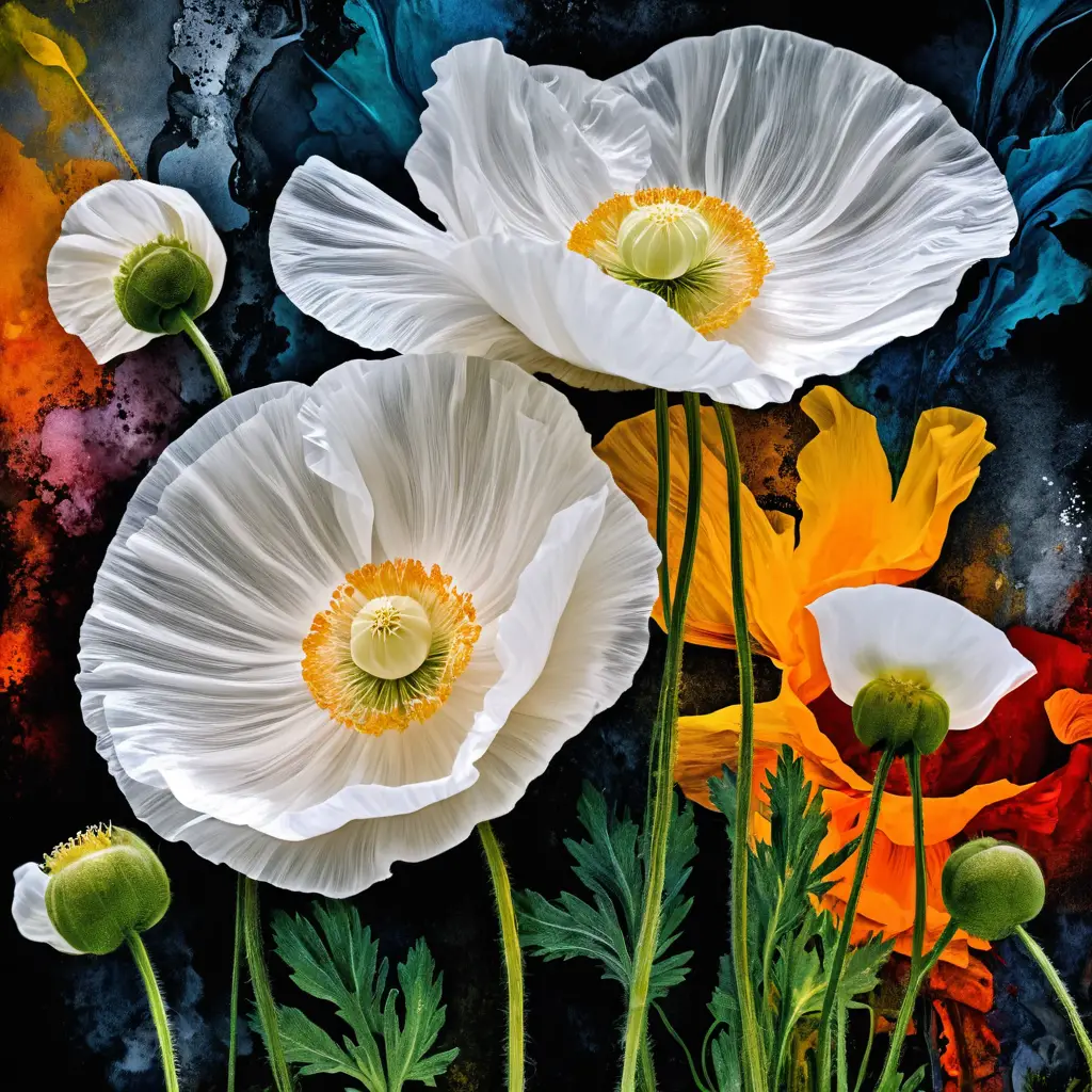 White iceland poppies in abstract colorful art painting