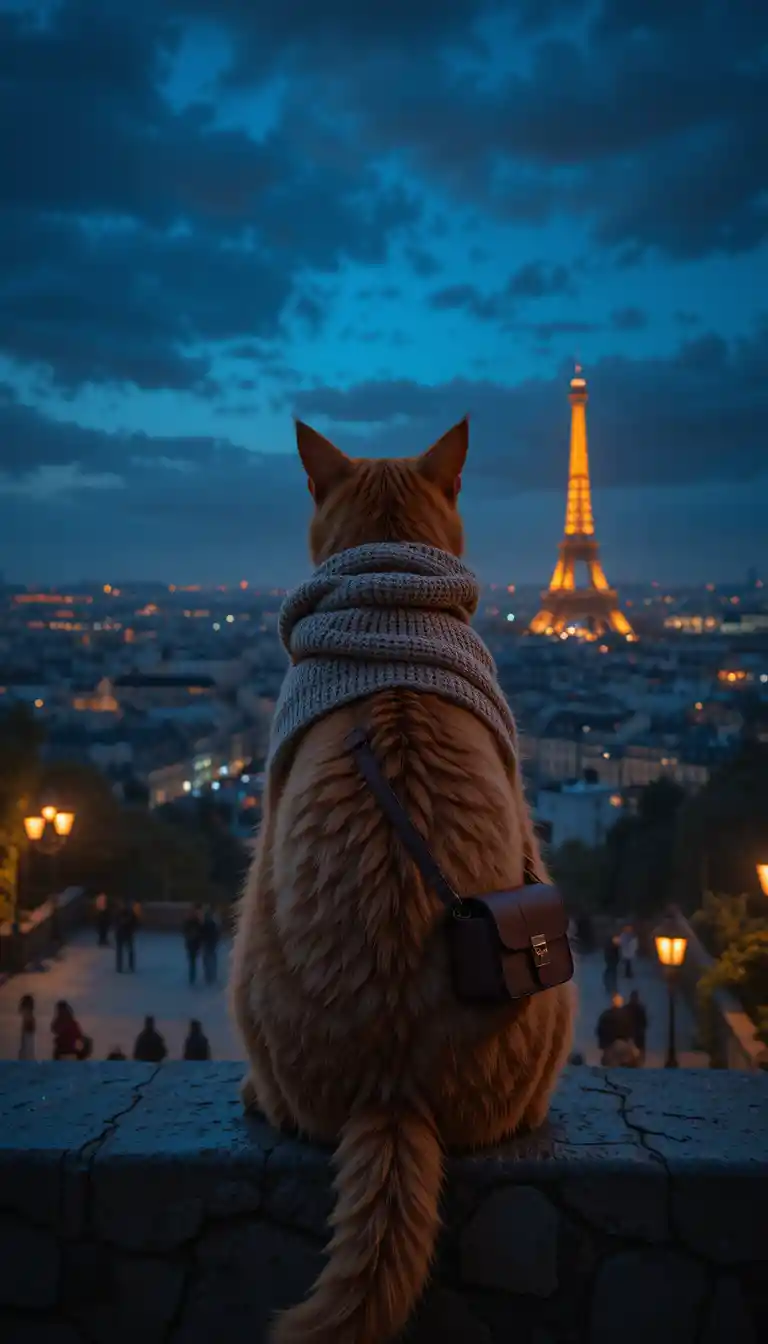 Ginger cat overlooking paris city lights at night