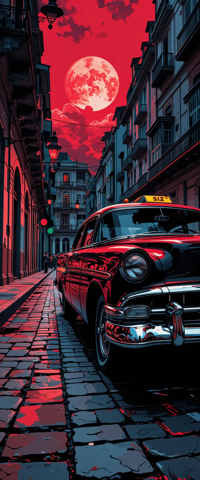 Stylized classic car on a dramatic havana city street