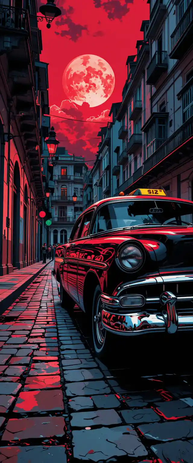Stylized classic car on a dramatic havana city street