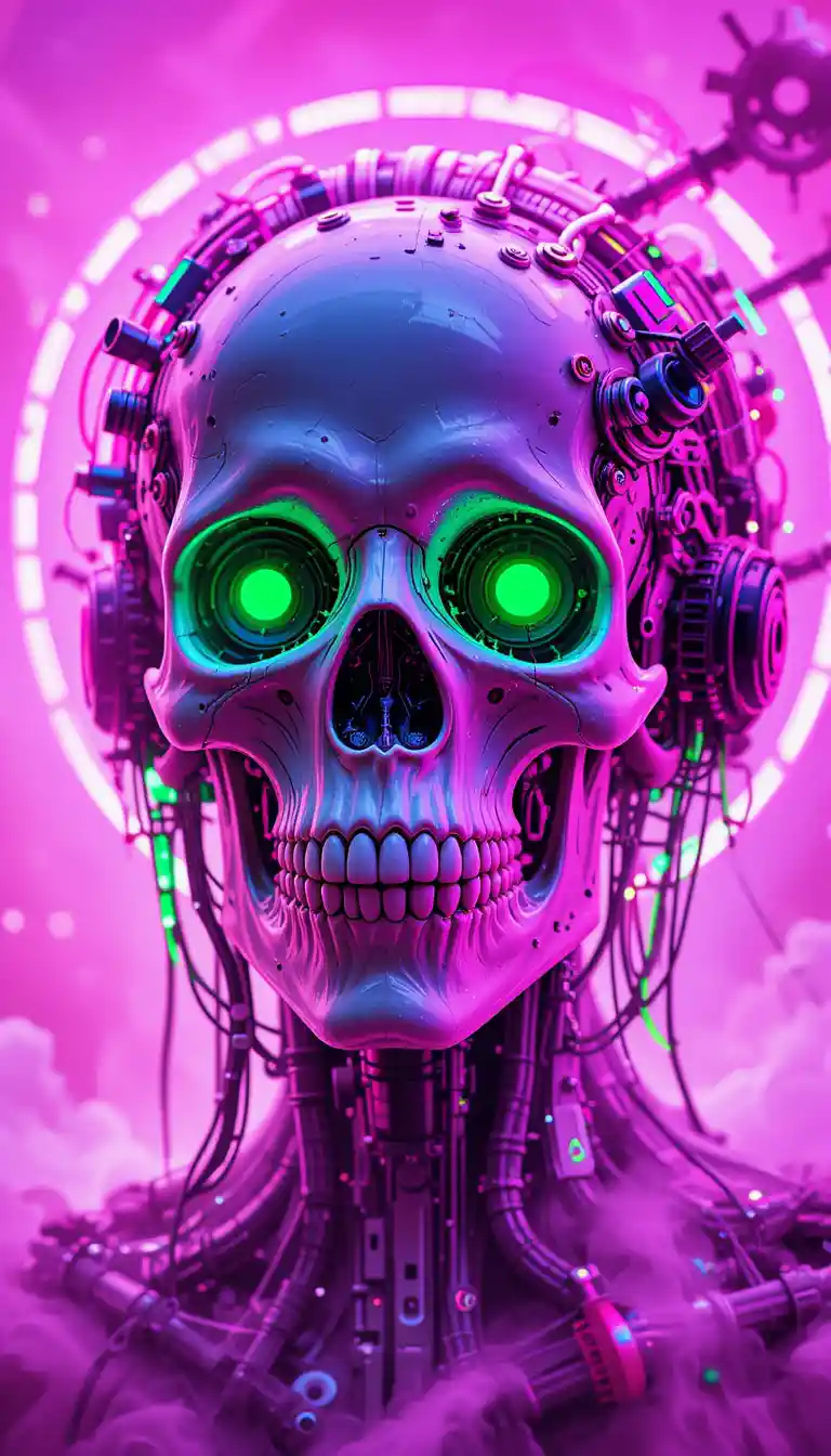 Cyberpunk Mechanical Skull With Glowing Neon Details