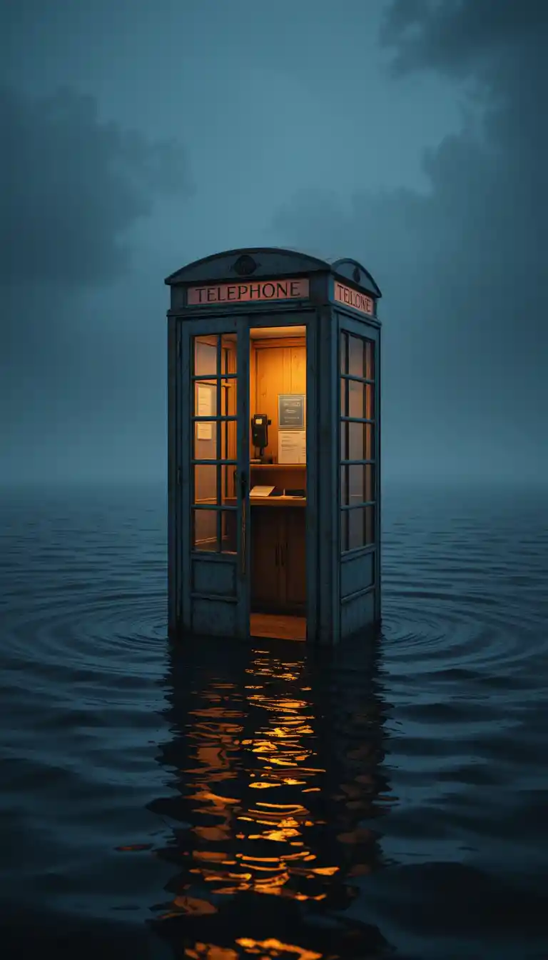 Lonely vintage telephone booth glowing over dark water