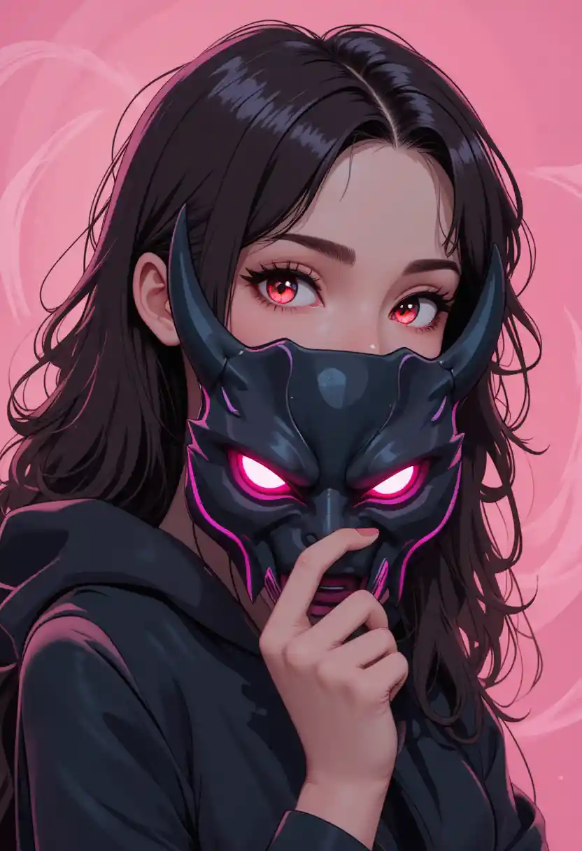 Anime girl with oni mask in soft pink portrait