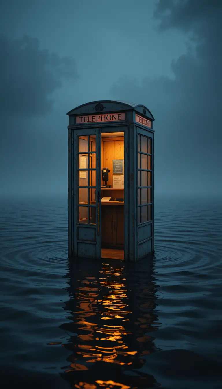 Lonely vintage telephone booth glowing over dark water