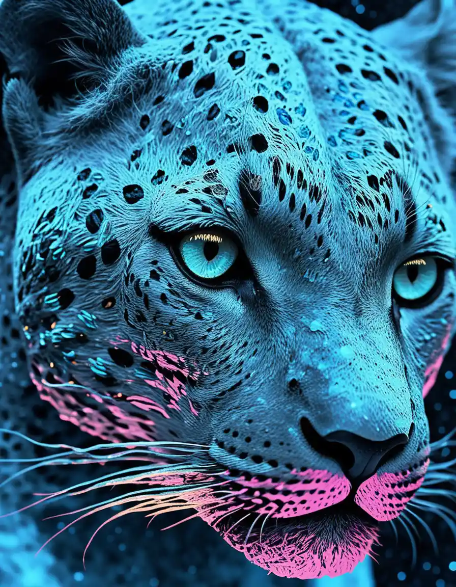 Close up ombre leopard with glowing eyes in space