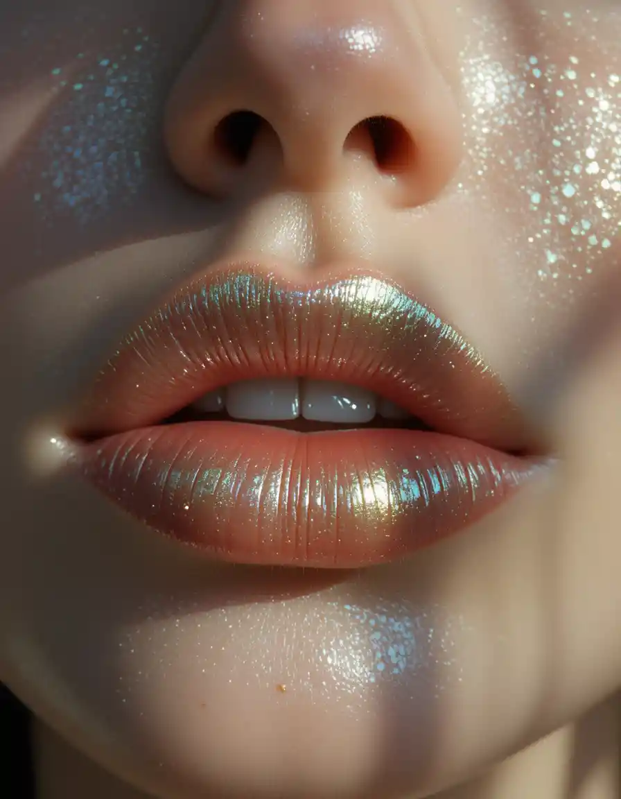 Macro close up of shiny lips with soft glowing light
