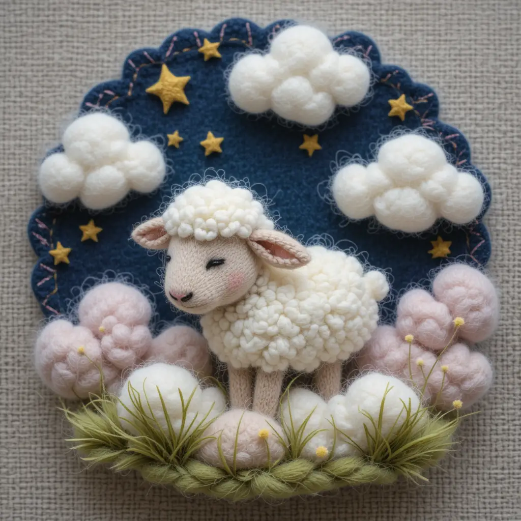 Sleepy felt sheep resting among soft wool clouds