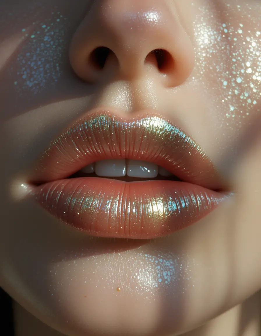 Macro close up of shiny lips with soft glowing light