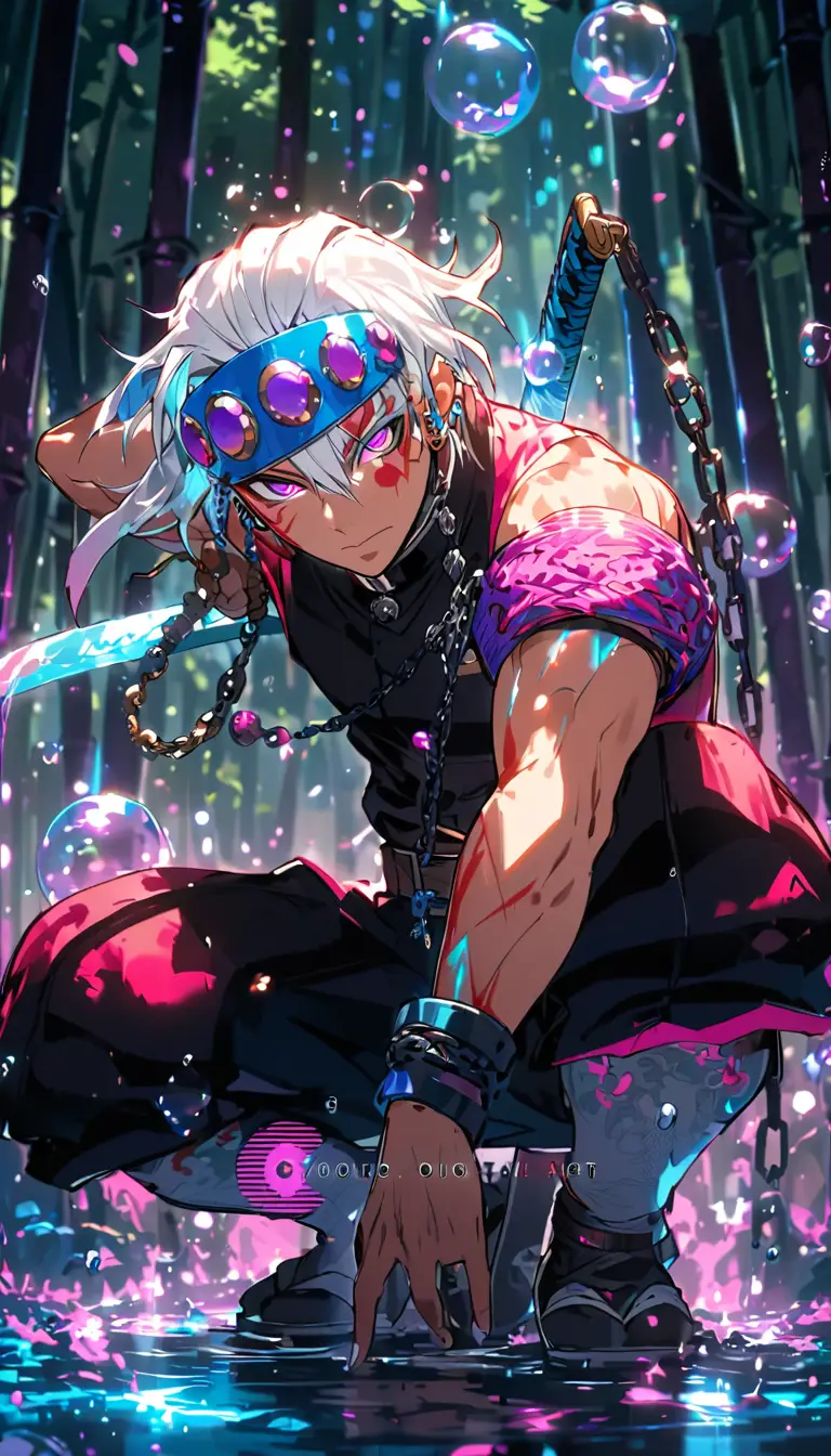 Anime warrior crouching in glowing bamboo forest